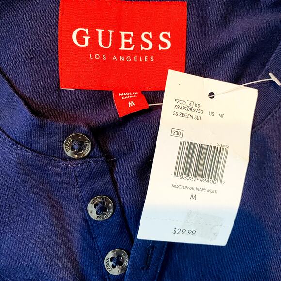 NEW! Guess LA Pullover Henley Top Short Sleeve Houndstootch Casual Blue - M - Picture 4 of 4